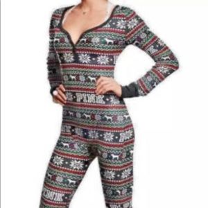 Victorias Secret PINK Christmas Thermal Fair Isle One Piece Jane Pajama